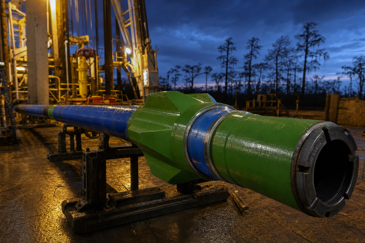Green and blue thru-tubing motor staged on a rig floor at a Louisiana wellsite at dusk